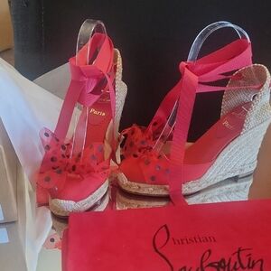 Christian Louboutin Red Polka-Dot Bow Espadrille Wedge Sandals Sz 35.like New